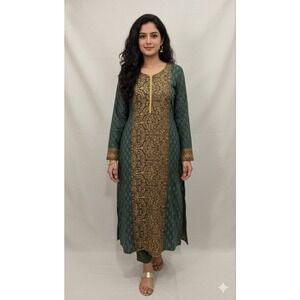 Arnaaz Fashion Kurta Teal Gold Ethnic Tunic Rayon Art Silk Wrinkle Free Size L